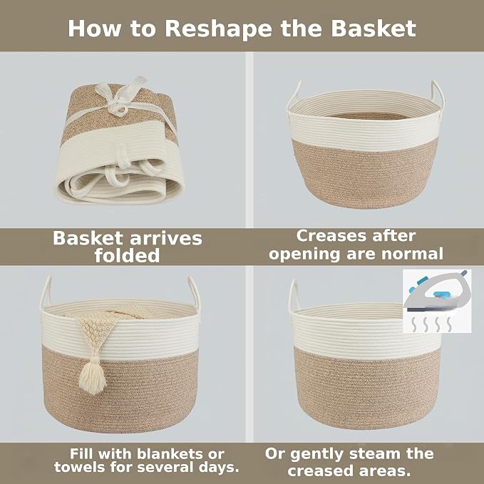 XUANGUO 66L Large Blanket Basket, Round Cotton Rope Basket, White & Brown | 20" x 13" Laundry Basket with Sturdy Handles for Blankets, Pillows and Toys; Storage for Living Room, Bedroom and Nursery