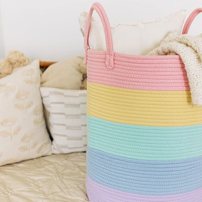 OrganiHaus Rainbow Laundry Basket & Hamper, Nursery Playroom 52L | Rainbow Pastel - Rainbow Cotton Rope Hamper, Nursery 52L