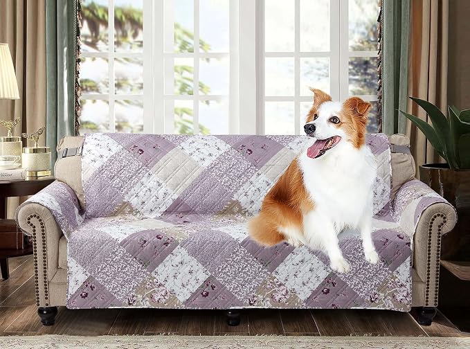 Brilliant Sunshine Lilac & Beige Roses Patchwork Couch Cover, 70" seat | Quilted Sofa Cover, Living Room & Bedroom Furniture Protector, Large Washable Slipcover for Pets, Dogs & Cats