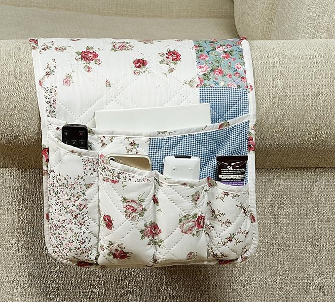 Brilliant Sunshine Pink Rose & Blue Check Couch Armrest Cover, 35"×13" | Washable Magazine Holder, Armrest Organizer & Caddy on Sofa, Recliner, Armchair, Storage for Remote Controls, Phone, iPad