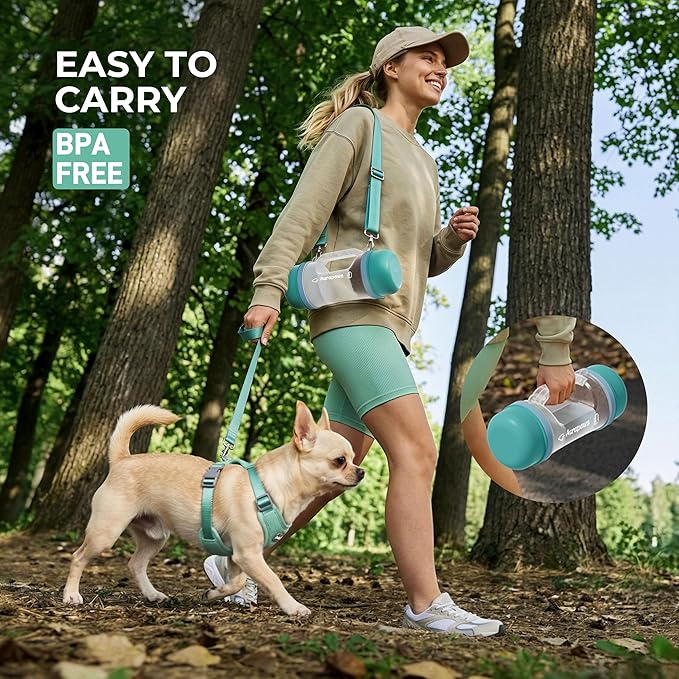 Dog Water Bottle with 20.3oz Water & 8.5oz Food Dispenser, 2 Detachable Bowls with Shoulder Strap, Leakproof Portable Travel Water Bottle for Pets Outdoor Walking, Hiking, Camping, Small