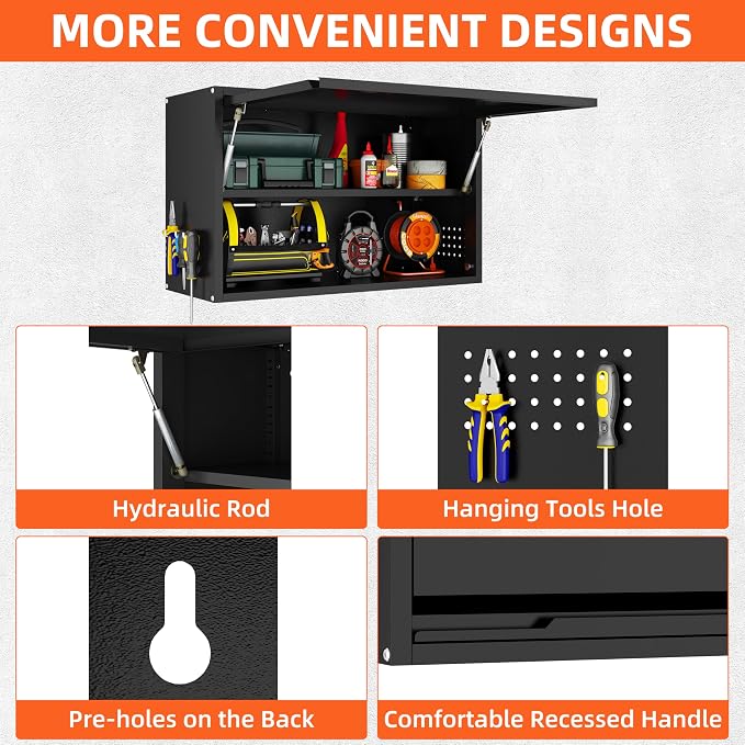 Garage Wall Cabinet, 19.7" H Metal Wall Cabinet with Up-Flip Door | Wall Mounted Metal Storage Cabinet, Upper Cabinet for Kitchen,Garage,Workshop,Warehouse, Assembly Required, Black