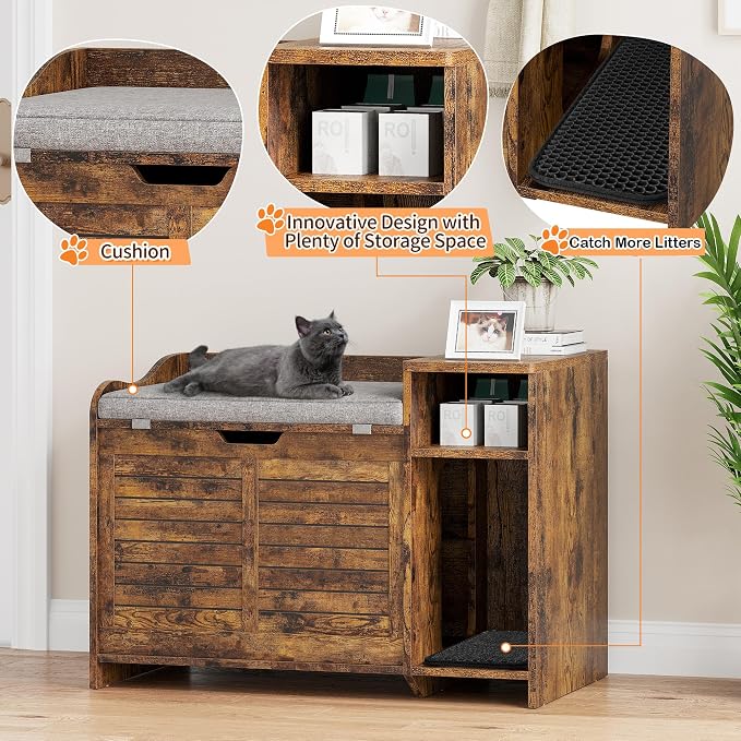 Cat Litter Box Enclosures Large Hidden Cat Litter Box Furniture Enclosure w/Top Opening Door, Wooden End Table Pet House w/Storage Shelf, Cushion & Mat, Dog Proof Design for Easy Cleaning