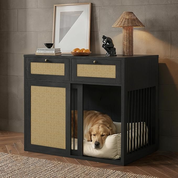 PureCozy Wooden Dog Crate Furniture, Right Unit, 40 Inch,Black Oak | Cane cabinet and metal sliding door with 2 storage drawers; furniture-style indoor kennel doubles as an end table.
