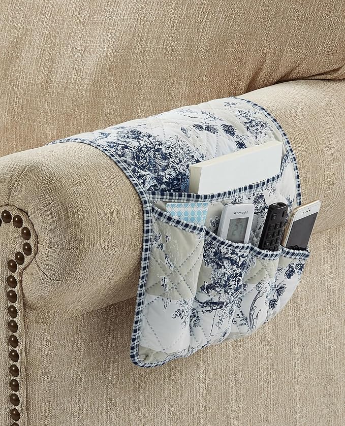 Brilliant Sunshine Blue & Beige Toile Couch Armrest Cover, 35"×13" | Washable Magazine Holder, Armrest Organizer & Caddy on Sofa, Recliner, Armchair, Storage for Remote Controls, Phone, iPad