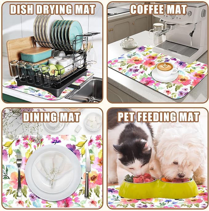 Floral Watercolor Dish Drying Mat Colorful Flowers Coffee Bar Mat for Countertop Hide Stain Rubber Backed Absorbent Dish Drainer Rack Pad Espresso Machine Coffee Pot Dining Room Decor 15.7 x 23.6 Inch