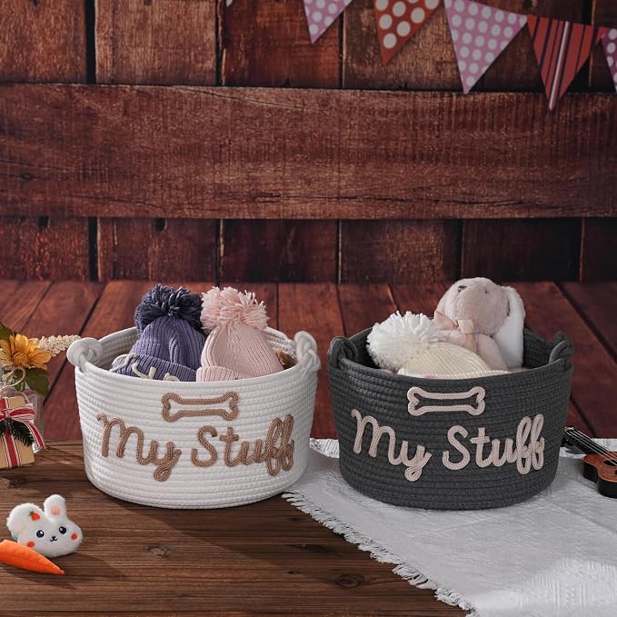 JUPPE Pet Dog Basket with Personalized Name, Dog Toys Storage Organizer Custom Cotton Rope Basket Nursery Decor (White pet basket)