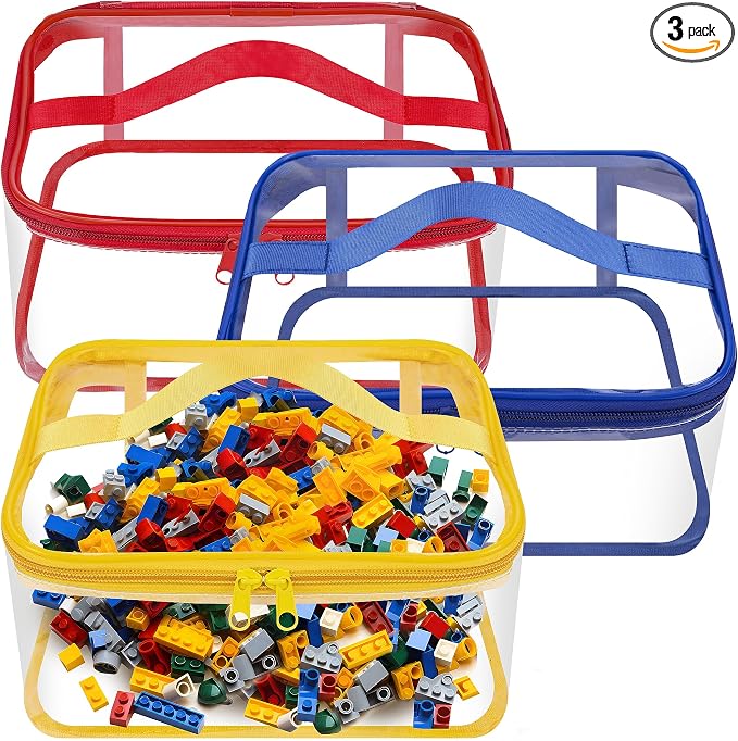 3 Pcs Clear Toy Storage Bag, Waterproof PVC Toy Organized Bag with Zipper | 9"x 7"x 4" Transparent Toy Storage Organizer Pouch for Building Blocks Small Toys (Red, Blue, Yellow)