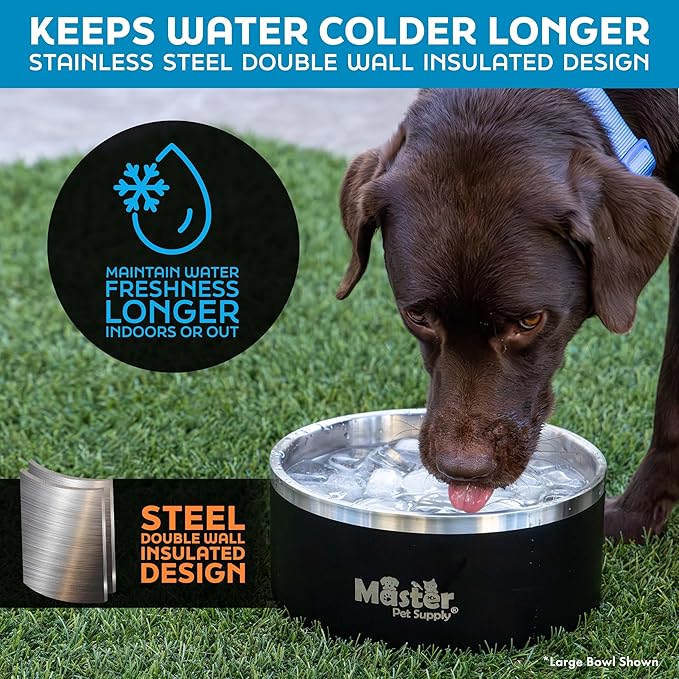Master Pet Supply Stainless Steel Dog Bowls - 25 oz, Heavy Duty - Black Velvet, Double Wall Extra-Thick Insulated, Non-Slip Pet Water Bowl for Dogs, Cats & Pets, Anti Rust Metal, Dish Washer Safe