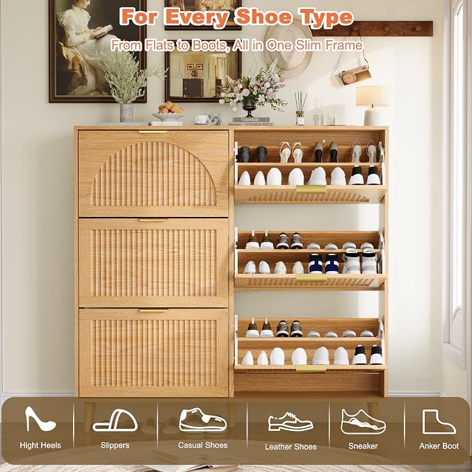 Shoe Storage Cabinet with 6 Flip Drawers, Narrow Wood Shoe Organizer Cabinet with Fluted Panel, Slim Shoe Rack for Entryway, Freestanding Shoe Cabinet for Living Room, Hallway, Wood Color