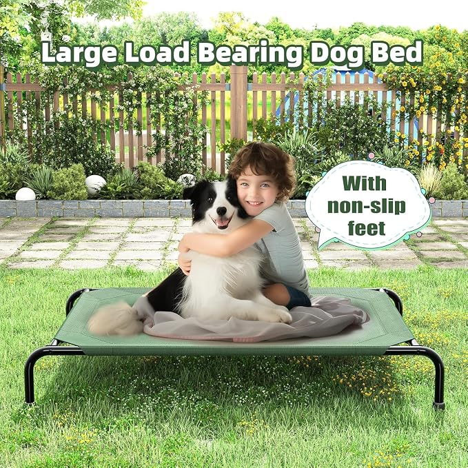 Simple Trending Outdoor Elevated Dog Bed, Cooling Raised Dog Cots, Green | Pet Bed for Large Dogs, Waterproof Cover, Breathable mesh, Non-Slip Feet, Suitable for Indoor or Outdoor Use, 47.75" x 30.5"