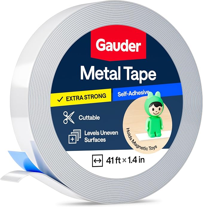 GAUDER Self-Adhesive Metal Tape - Ideal for Tonie Figures & Shelves - Holding Surface for Magnets - Ferrous Tape with Foam Adhesive - Thin Metal Steel Strip (41 ft x 1.4 in)
