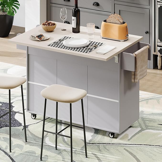 51" Rolling Kitchen Island with Storage - Kitchen Island on Wheels with Trash Can and Drop Leaf, Farmhouse Movable Kitchen Storage Islands & Carts with Towel Rack, Spice Rack, Grey