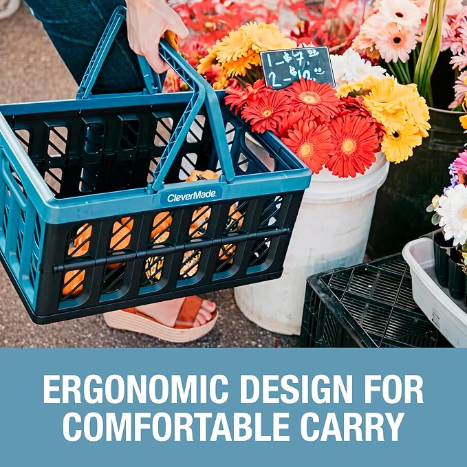 CleverMade Eco Collapsible Shopping Basket with Handles, 24L Ocean, 3 Pack | Keep Groceries Upright in the Car | Rigid Walls Carry 25 lb Each, Stack Securely, and Fold to 2.25 Inches for Storage