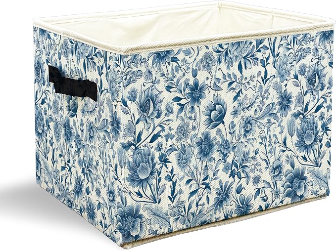 Chinoiserie Blue Floral Storage Bins with Handles, Retro Blue and White Wildflower Botanical Collapsible Laundry Basket Storage Box for Home Bedroom Bathroom Clothes Toys Books