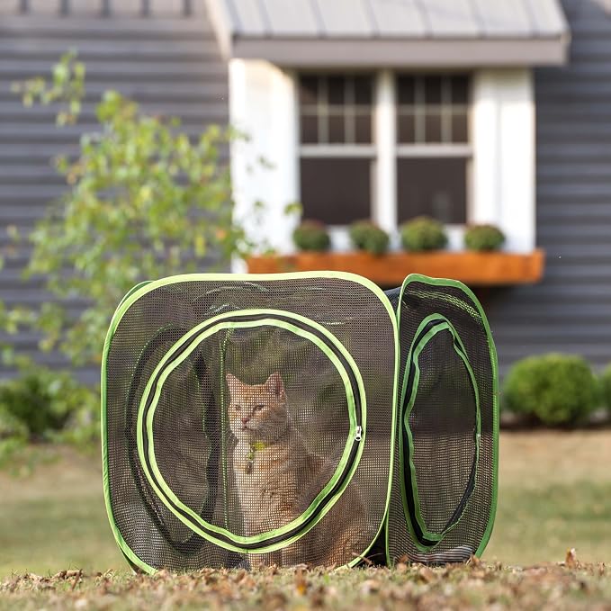 Kitty City Large Outdoor Cat Play Cube, Mesh Pop-Up Cat Enclosure for Indoor & Outdoor Use, Expandable Modular Cat Playpen with Zippered Access - Green