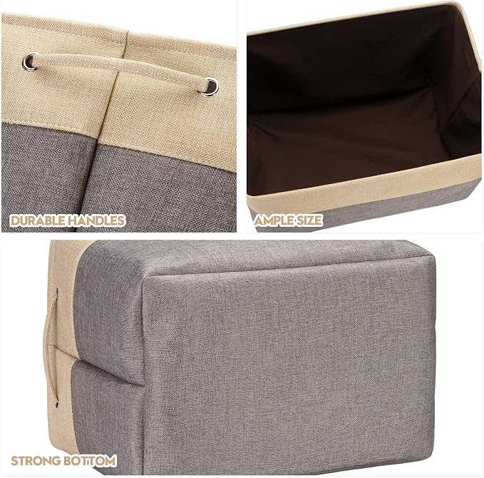 Sea Team Oversized Rectangle Canvas Open-Top Storage Baskets, 3-Pack | Collapsible Fabric Storage Bins with Handles, Closet Shelf Organizers, 22 x 15 x 13 Inches, Gray & Beige