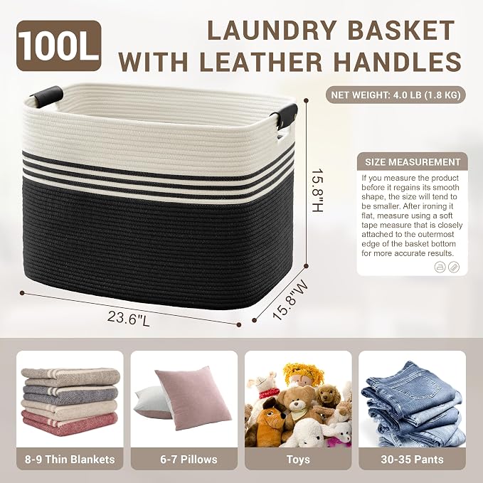 100L Large Woven Laundry Basket Hamper with Leather Handles,Black | collapsible wicker hamper, storage for dirty clothes, toys, blankets, gifts, living room, bedroom, bathroom, 24"x16"x16"