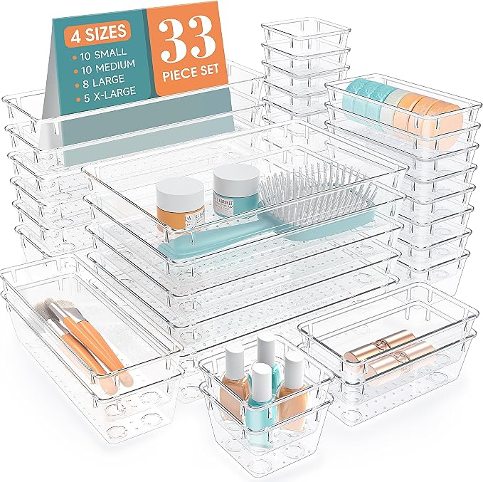 33 PCS Plastic Drawer Organizers Set, 4 Size Desk Drawer Organizer Trays | 4 Size Desk Drawer Organizer Trays for Makeup, Jewelry, Kitchen Utensils, Gadgets and Office