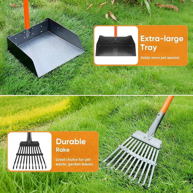 Pooper Scooper for Large Dogs, Heavy Duty Long Handle XL Metal Rake & Tray | Fits Multiple Pets,Stainless Steel, Rust-Proof, 38.5" Extended Reach, for Grass Dirt Gravel, Heavy Duty, No Bending Required