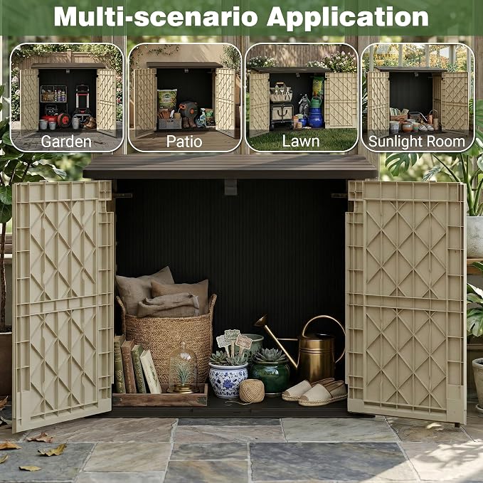 LHBcraft Waterproof Outdoor Storage Box 36 Cu Ft with Lockable Doors,Portable Outdoor Storage Shed,Horizontal Outdoor Storage Cabinet for Garden,Brown-Beige