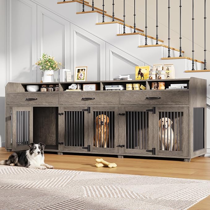 AMERLIFE 95" Dog Crate Furniture, Multi-Functional TV Stand with Storage | Dog Kennel with Drawers & Removable Divider for Medium/Small Dogs, Grey