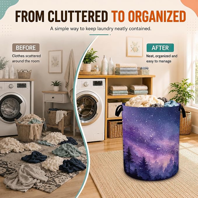 Galaxy Laundry Basket,Purple Forest Foldable Oxford Laundry Hamper with Handles,Collapsible Clothes Storage Bucket Tote Bag for Laundry Room,Bathroom,Bedroom,Dorm