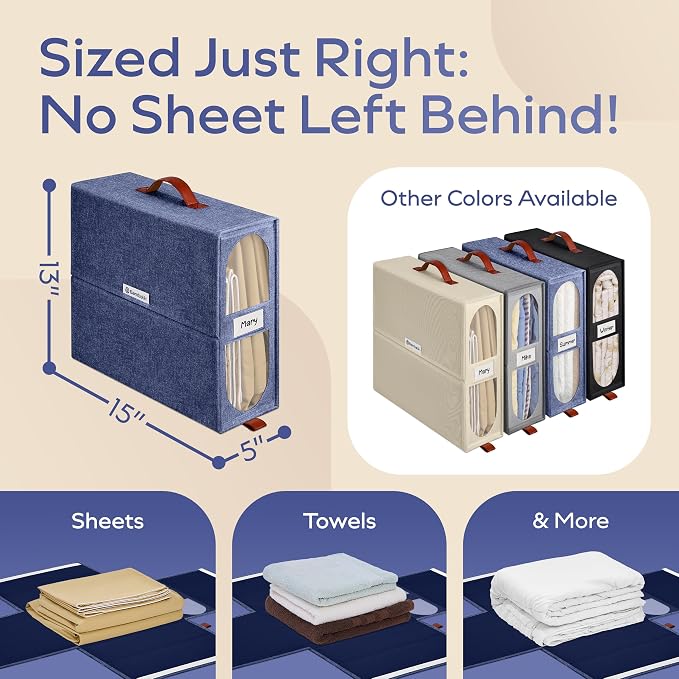 8x Bed Sheet Organizer Storage Boxes with Big See-Through Windows | Bedsheet Organizers Redesigned. Robust Bed Sheet Storage |15x13x5 Inches Sheet Organizers Containers (Denim)