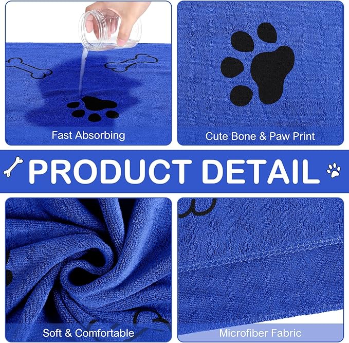 Chumia 8 Pcs Dog Towels for Drying Dogs Cats Pet Towels Bulk Puppy Microfiber Fast Drying Paw Bath Bathing Supplies Absorbent for Medium Pets(40 x 24 Inch,Dog Paw and Bone,Dark Blue)