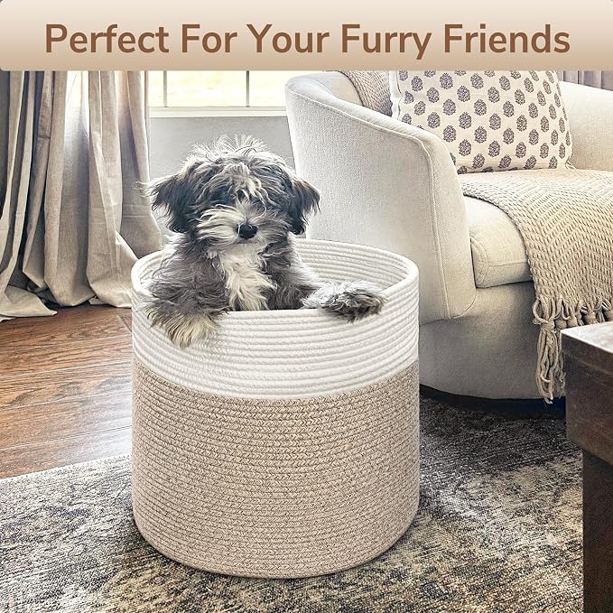 Goodpick Woven Rope Basket for Blankets Fit Nursery & Living Room, 45L | 15.8 x 15.8 x 13.8 In Storage Basket for Toys Shoes, Cute Baby Laundry Hamper for Towels, Clothes, Light Brown