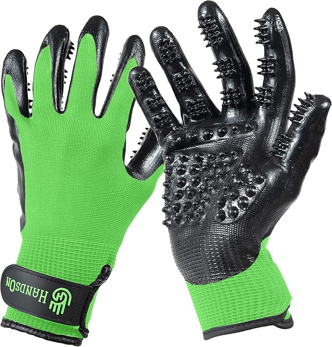 H HANDSON Pet Grooming Gloves - Patented #1 Ranked, Award Winning Shedding, Bathing, & Hair Remover Gloves - Gentle Brush for Cats, Dogs, and Horses (Green, Large)