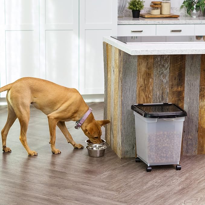 IRIS USA Dog Food Storage Container, Up to 25 lbs, Black, Made in USA | Wheels for Mobility, Airtight Seal, BPA-Free, Best for Bird Seed, Cat food, Cat Litter, Chicken Feed, Pellets