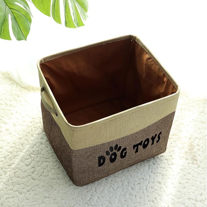 PET ARTIST Dog Toy Basket, Large Collapsible, Brown, L:15"x13"x12" | Dog Toy Bin Box, Comfortable Handles, Large Pet Toy Storage Organizer, For Accessories, Toys, Coat & Clothing, Blanket Leash