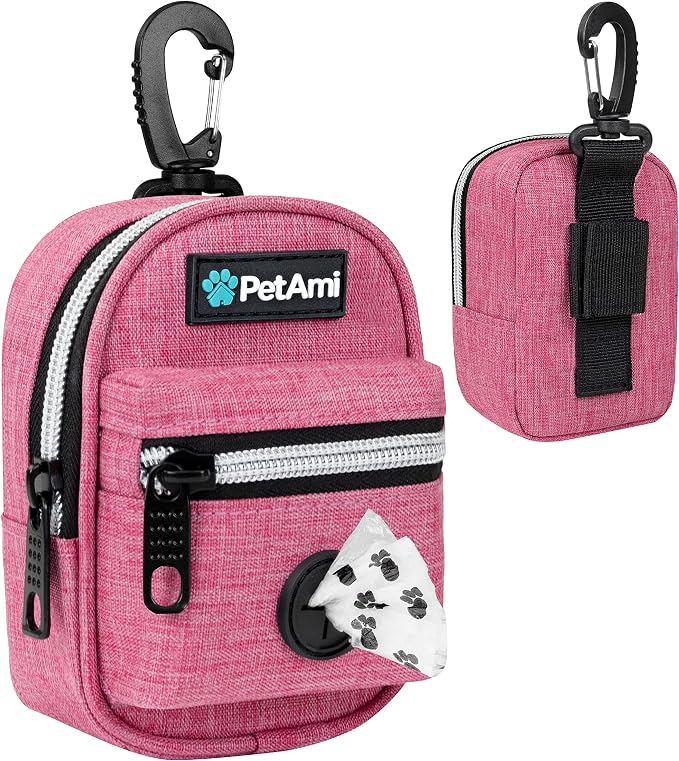 PetAmi Dog Poop Bag Holder for Leash, Waste Bag Dispenser Pet Pouch, Pink | Doggy Puppy Walking Accessories Travel Camping, Dog Treat Pouch Supplies Must Have, Doggie Poo, Jogging, Walks