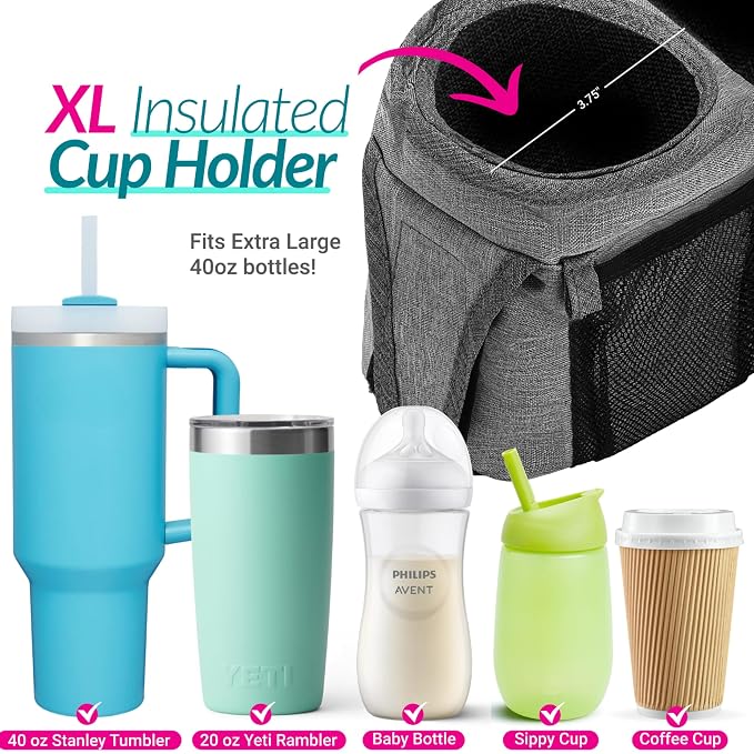 Swanoo Stroller Caddy Organizer, Cup Holder, Wipes Pocket, Non-Slip, Grey
