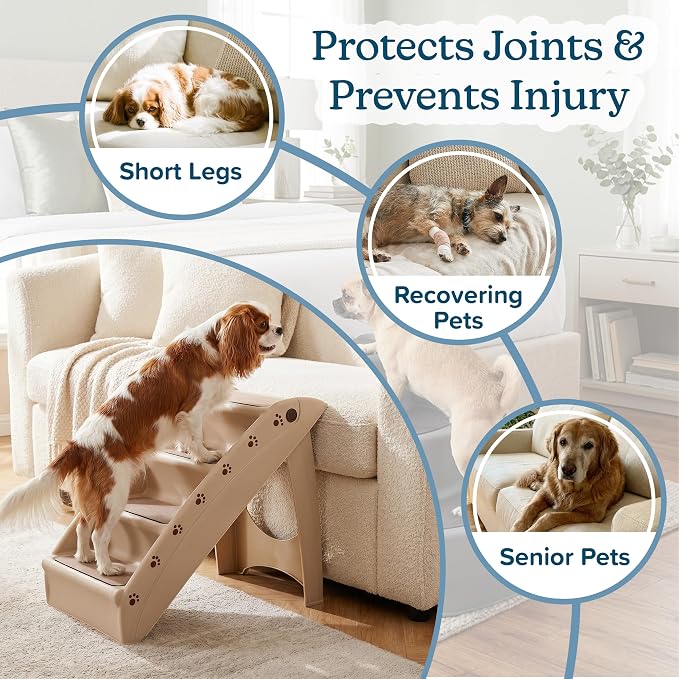 Pet Stairs - Home and Vehicle Foldable Nonslip Dog Steps with 4-Step Design - For Puppies, Kittens, and Other Small Pets by PETMAKER (Tan)