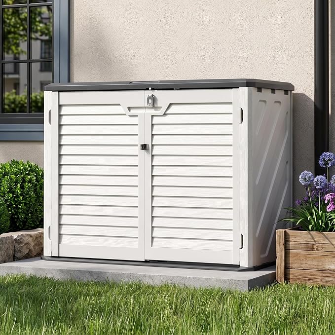 31 Cu.Ft Resin Outdoor Storage Cabinet with Floor, Weatherproof Plastic Vertical Outdoor Storage Shed for Garden Backyard Patio Pool Tool