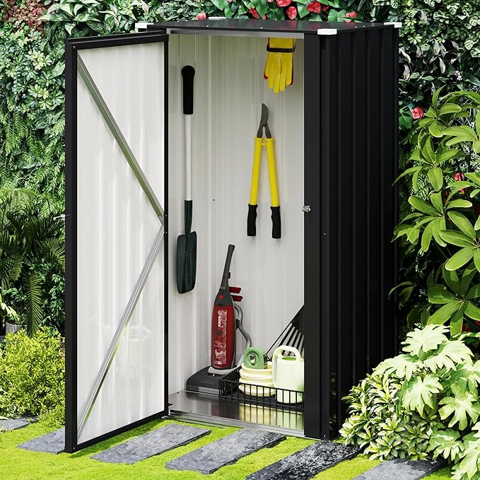 Devoko 22 Cuft Vertical Storage Shed Without Adjustable Shelves, Black | Metal Tool Garden Outdoor Storage Cabinet with Lockable Door for Patio Garden Backyard, Black