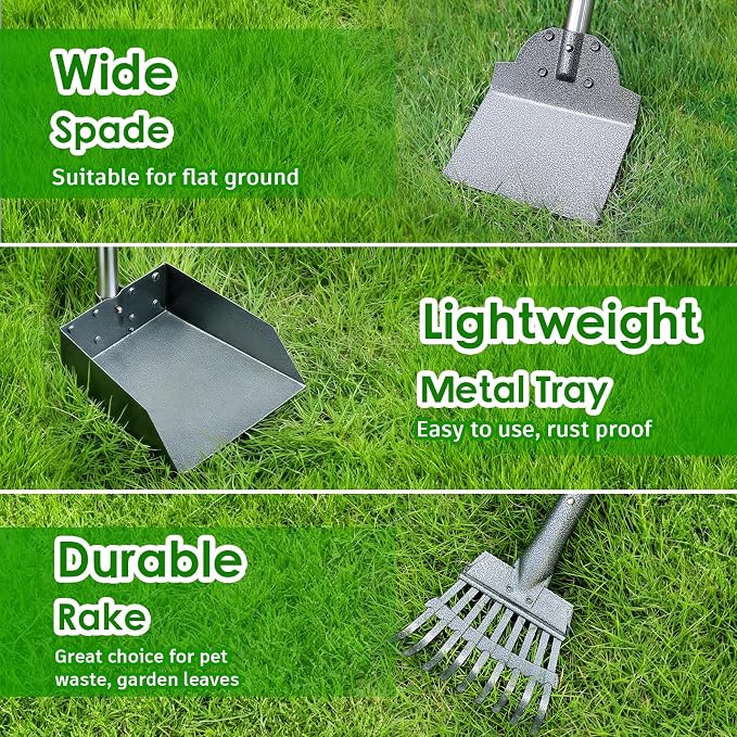 Pooper Scooper, Long Handle Dog Poop Scooper for Medium Small Dogs | Heavy Duty, Pet Supplies Metal Tray Rake Spade, Stainless Steel, Rust-Resistant,37"+ Handle No Bend, Use on Grass Dirt Gravel