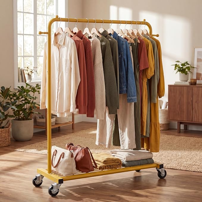 Sywhitta Metal Garment Clothing Rack on Wheels with Mesh Shelf,Gold Yellow | Rolling Garment Rack for Hanging Clothes, Coats, Skirts, 39.76" L x 16" W x 63.78" H,Space-Saving Mobile Organizer for Closet