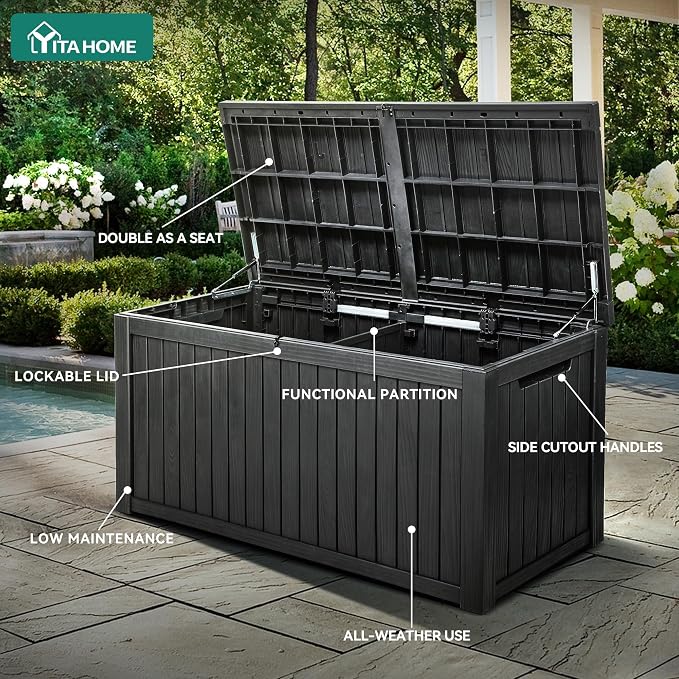 YITAHOME 220 Gallon XL Deck Box Large Outdoor Storage w/Divider for Patio | Outdoor Cushions, Garden Tools, Sports Equipment and Pool Supplies, Waterproof, Resin, Lockable, Black