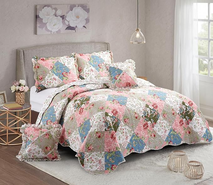 Brilliant Sunshine Multi Peach & Olive Flowers Ruffle Shams Set, 18"x18" | Patchwork Design with Ruffles, Quilted Pillow Covers, Washable Throw Cushion Cases for Couchs and Beds, Pack of 2