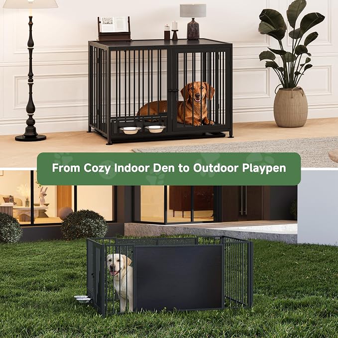 Heavy Duty Dog Crate for Small Dogs, 3 in 1 32.7" Foldable Collapsible Dog Kennel & Playpen with Lockable Wheels & Feeding Bowls, Escape-Proof Metal Dog Cage for Indoor Outdoor Use, Black
