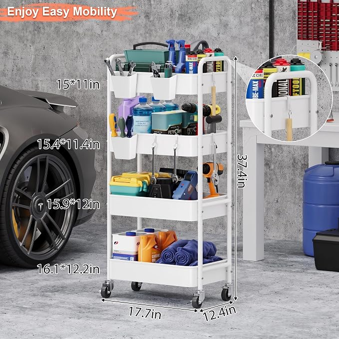 Heavy Duty 4 Tier Rolling Storage Cart Metal with Wheels, White Four Tiered Utility Roller Carts Organizer on Wheels for Art, Craft, Baby Diaper Caddy, Snack, Book, Large-Capacity Shelving Units, 37in