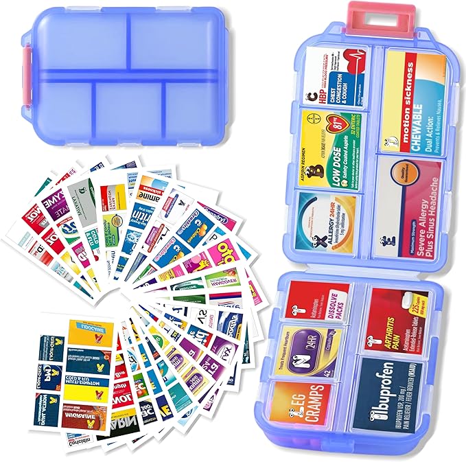 Pill Organizer with 161 Medicine Labels, Daily Travel Pill Case (Blue) | Compact 10-compartment pill case and pill box with 161 medicine labels for 7-day planning, vitamins, supplements, and travel