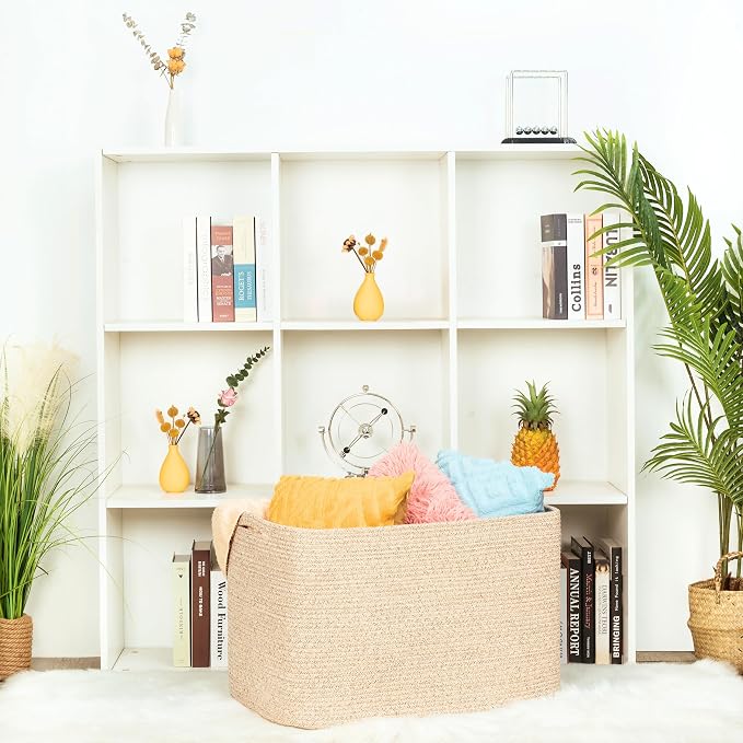 112L Extra Large Blanket Basket Holder Living Room, 25"x17"x16" Rectangle Rope Woven Storage Basket with Handles for Laundry, Towels, Shoes, Dog Toy Organizer Bin Box, Oatmeal Brown