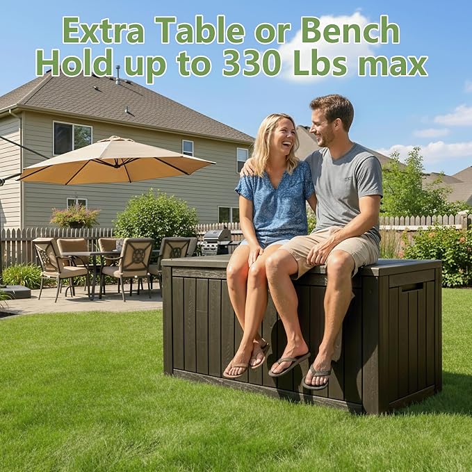 97 Gallon Waterproof Large Resin Deck Box, Lockable Large Outdoor Storage Box Indoor Outdoor Storage Container for Patio Cushions, Gardening Tools, Pool Supplies, Grey