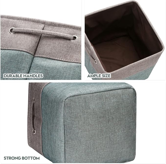 Sea Team Open-Top Canvas Storage Cubes with Handles, 11-Inch, 3-Pack | Collapsible Storage Bins, Fabric Baskets, Closet Shelf Organizers for Home and Office, Stone Blue & Gray
