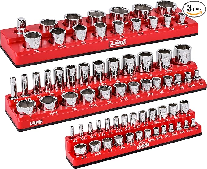 ARES 60035 3-Pc 1/4,3/8,1/2-In Red/Green SAE Magnetic Socket Organizer | Part No. 60035; RED -Includes 1/4 in, 3/8 in, 1/2 in Socket Holders