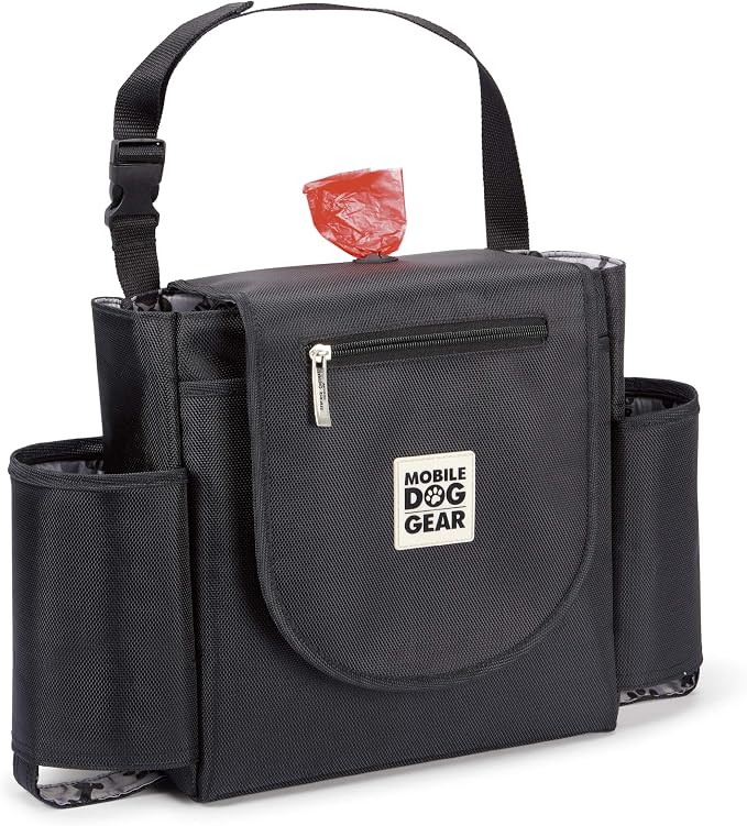 Mobile Dog Gear, Car Seat Back Organizer Travel Bag, Includes Built-in Waste Bag Dispenser and 1 Bag Roll, Black, Meets Airline Requirements